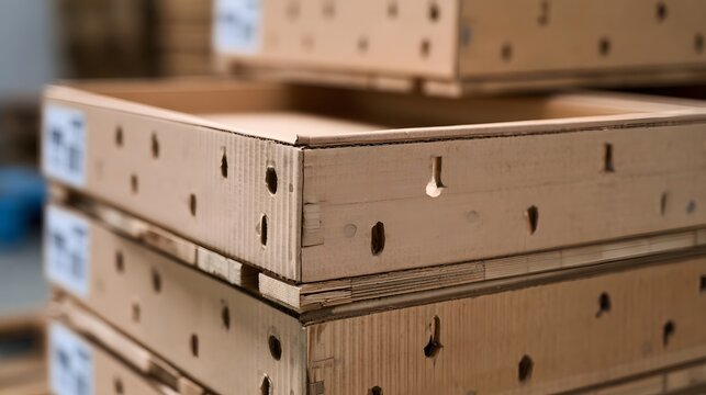 Stacked corrugated cardboard boxes with perfo ns and labels showing industrial storage or shipping prepa n