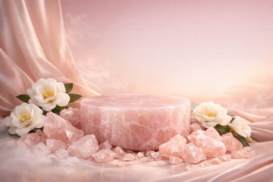Luxury Rose Quartz Beauty Podium with Elegant Wellness Skincare Background Design