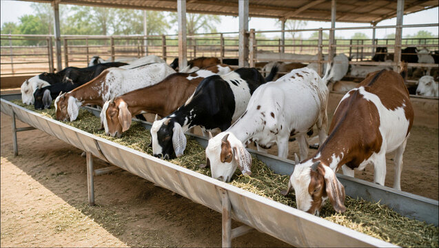 Group of goats eating fresh green fodder from metal trough inside covered farm enclosure with spacious covered outdoor herd multicolored goats