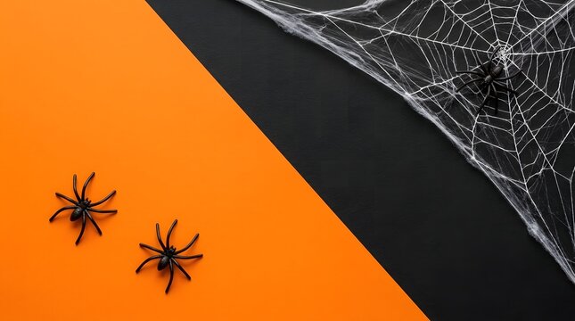 Top view of spiders and cobwebs on split orange and black background for a happy halloween day celebration design