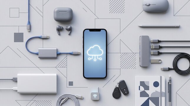 Cloud Technology Setup: A collection of modern electronic devices and accessories, including a smartphone displaying a cloud icon, wireless earbuds, a laptop charger, and various cables.