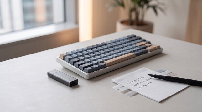 Minimalist Blue-Beige TKL Mechanical Keyboard Modern Home Office Desk Setup