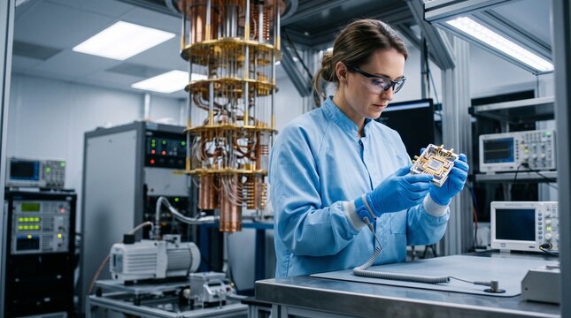 Quantum Researcher Examining Component: A female scientist in a lab coat and gloves meticulously inspects a complex component within a cutting-edge quantum computing research facility.