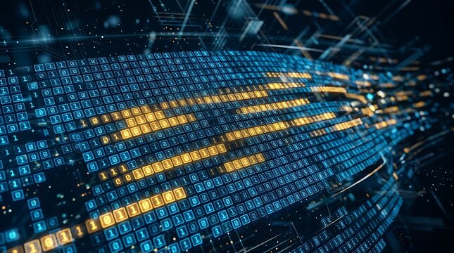 Abstract digital background with glowing binary code data stream representing information flow and technology