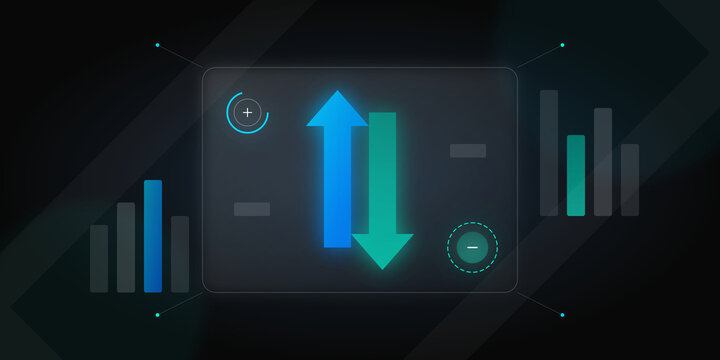 Digital financial data interface with glowing directional arrows on transparent background