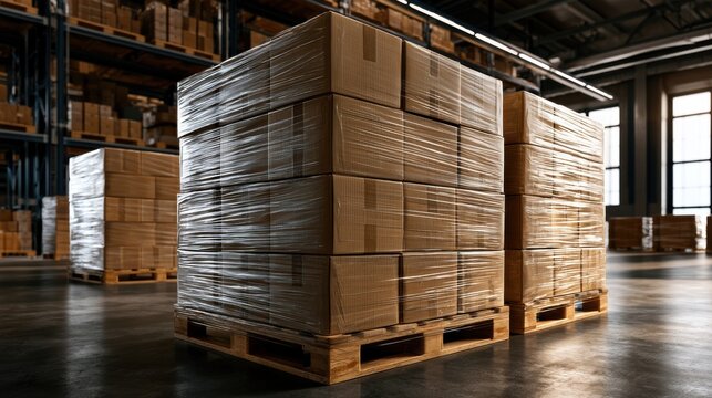 Stacked cardboard boxes on pallets in a modern warehouse, wrapped in plastic, highlighting logistics and storage solutions.