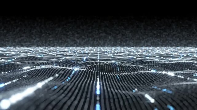 Abstract 3D digital particle wave surface moving with blue glowing data streaks matrix grid connectivity lines depth of field dark background futuristic technology 4K video template