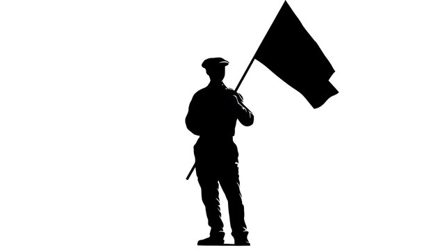 A silhouette of a man in uniform holding a flag. He is standing with a serious expression.