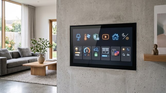Smart Home Control Panel: A sleek, wall-mounted touch screen interface displays various icons for smart home automation and control, showcasing a modern living room environment.
