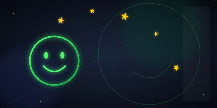 Glowing green smiley face icon with yellow stars on dark background on transparent background