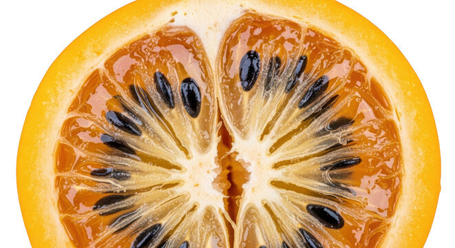 Exotic passion fruit cross section, ripe granadilla half with black seeds, tropical sweet fruit for healthy eating isolated PNG with Transparent Background