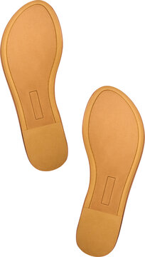 pair of brown ladies sandal soles isolated white background, flat leather shoe bottoms with stitching and heel pad, top view in close-up