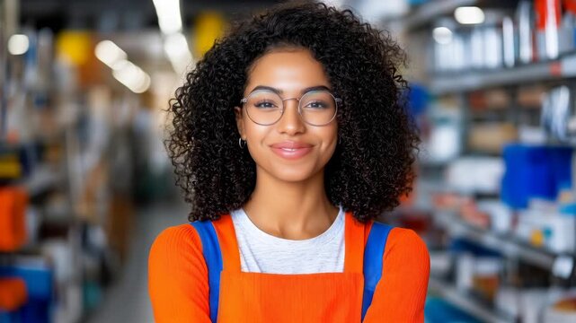 Smiling female store worker in orange overalls stands with crossed arms inside a busy retail warehouse