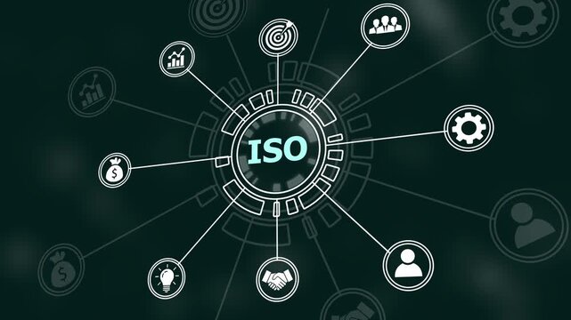 Animated iso certification standards infographic with digital hud interface global business compliance management systems, corporate process optimization, and workflow connectivity