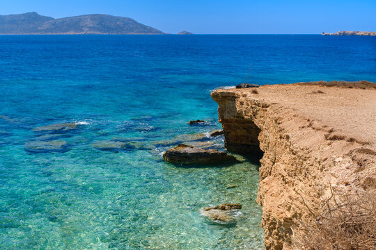 Rocky coastline with Aegean Sea, Koufonisi, Cyclades, Greece
