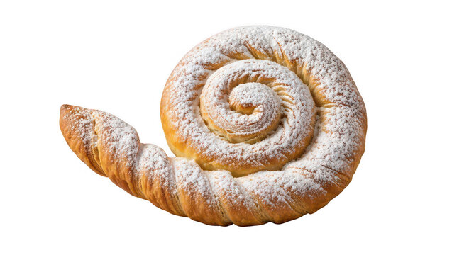 Traditional ensaymada pastry with powdered sugar, sweet spiral brioche bun, golden brown mallorca bread for breakfast isolated PNG with Transparent Background