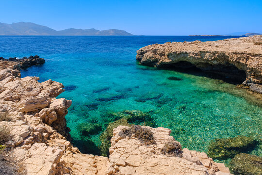 Rocky coastline with Aegean Sea, Koufonisi, Cyclades, Greece