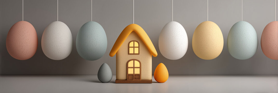 Cute toy house surrounded by hanging pastel Easter eggs on grey background. Concept for Easter real estate offer, holiday home loan, spring family housing, and property discount.