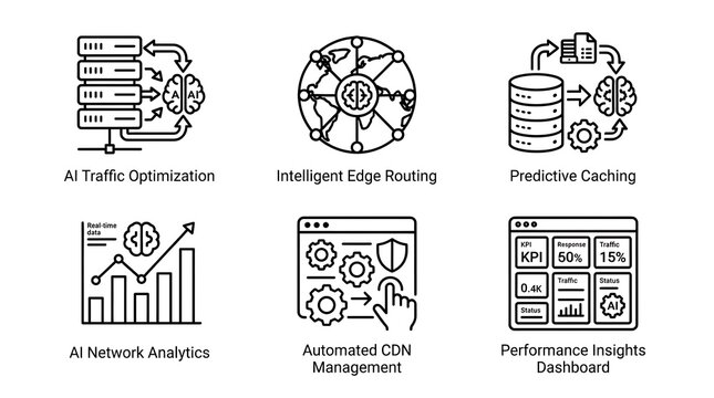 AI Networking and CDN Management Line Icon Set