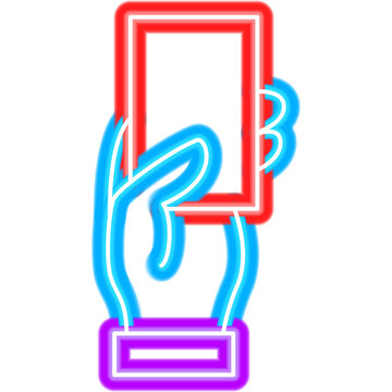 Hand Holding Red Card Neon Sign. Glowing Icon. Vector Illustration of Arbiter Soccer and Football Referee Concept Object.