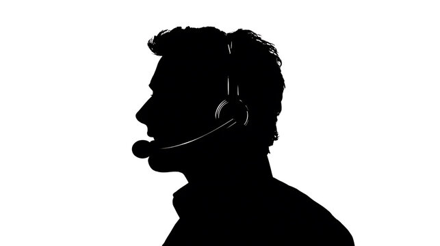 Silhouette of a man wearing a headset with a microphone, facing left, with his mouth slightly open as if speaking