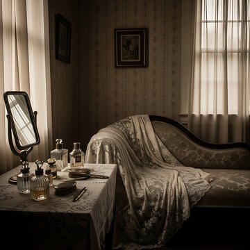 Vintage boudoir interior with antique chaise lounge and vanity table