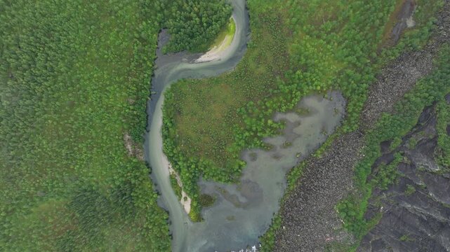 Aerial view of glacial stream in Rago National Park, Norway