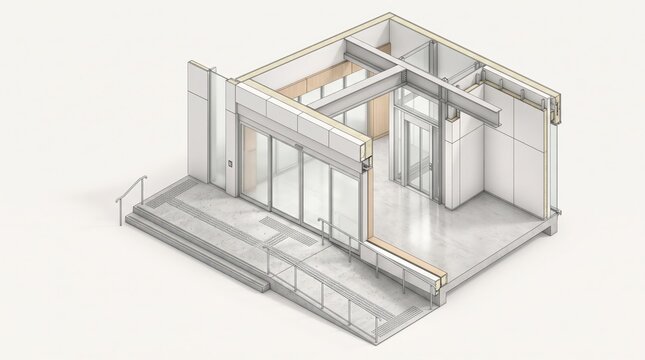 Inspect structural building entrance section incorporating accessible ramp and interior elevator lift