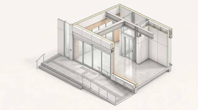Inspect structural building entrance section incorporating accessible ramp and interior elevator lift