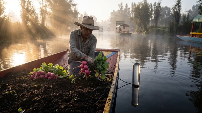 Traditional farmer harvesting radishes on a wooden boat, rural agriculture at sunrise, misty river landscape with local worker