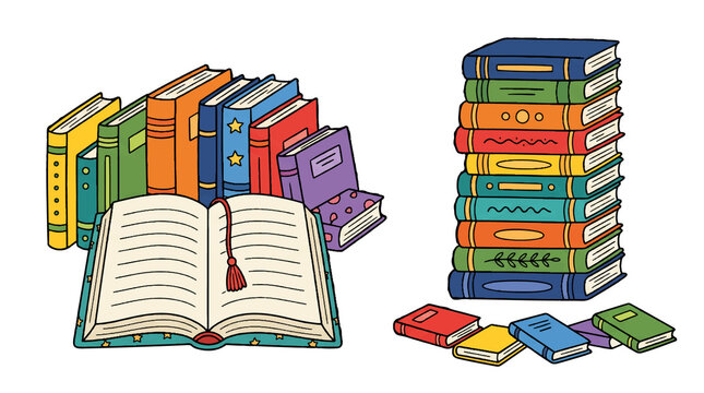 Colorful stacked and open books vector illustration set for education, library, school, and reading concept