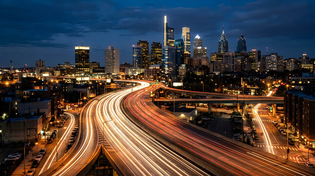 City night highway with skyline lights and traffic trails isolated on white background, illustration
