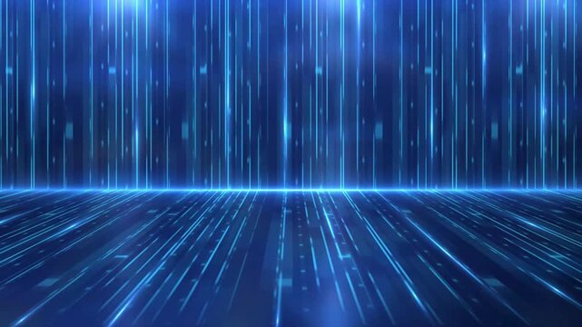 Futuristic blue digital data stream background. Abstract glowing light trails on a tech stage. Cyberpunk matrix motion graphics for presentation.