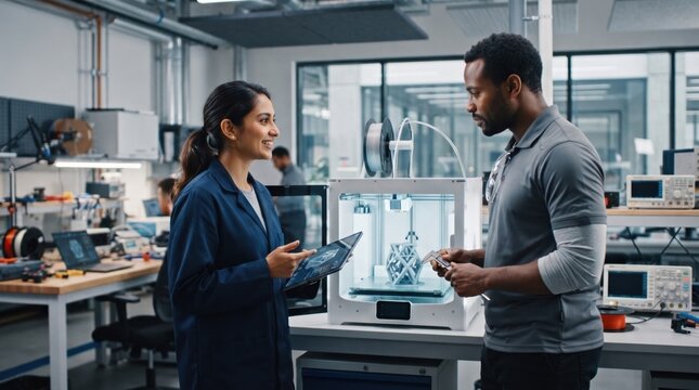 Woman engineer and man technician working with 3D printer in industrial laboratory. Professionals inspecting prototype model on digital tablet. Innovation, research and modern technology.