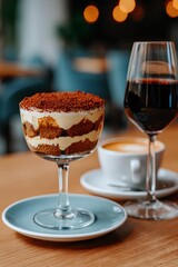Naklejka premium Tiramisu in a glass with cocoa dust, paired with a steaming coffee on a wooden table, showcasing warm comfort and dessert pleasure.