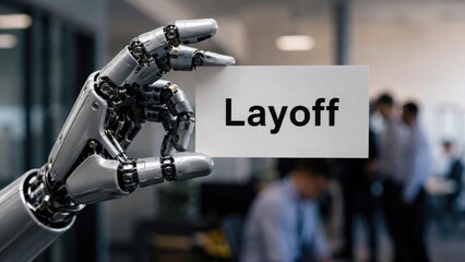 Fototapeta premium A robotic hand holding a sign that reads Layoff amidst blurred office workers, symbolizing the impact of automation and AI on employment and job security in modern workplaces.