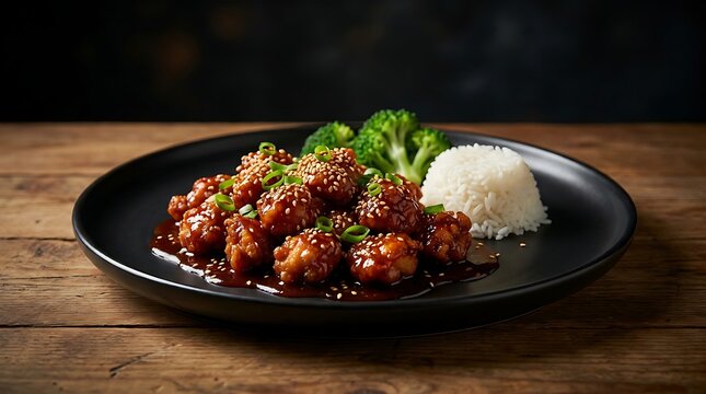 Delicious sesame chicken with white rice and broccoli on a black plate on a wooden table. general tso chicken