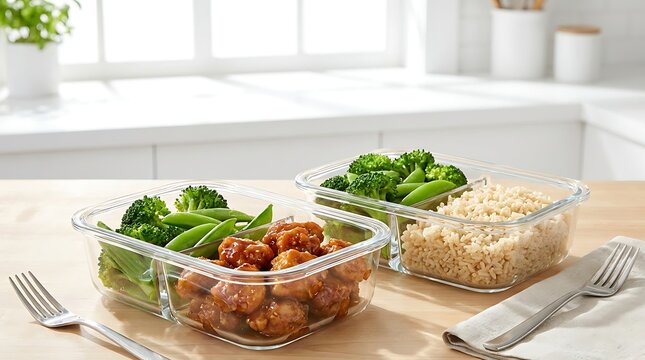 Healthy meal prep containers with grilled chicken, broccoli and green beans on a wooden table. general tso chicken