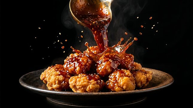 Fresh hot fried chicken wings covered in spicy red sauce pouring on a plate. general tso chicken