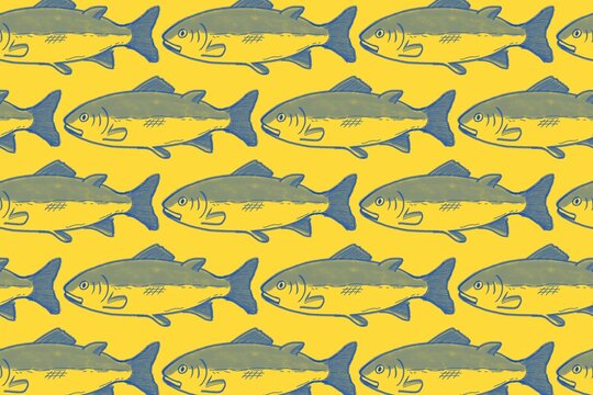 Hand Drawn Fish Pattern Illustration on Yellow Background