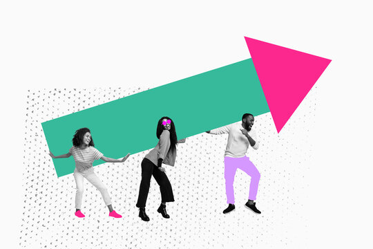 Template sketch trend artwork 3D photo collage of trade analyzing goal business graphics team young lady man stand hand hold arrow up