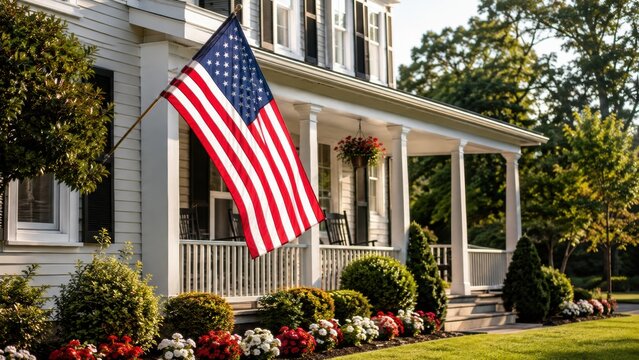 large american flag displayed on the front porch of a classic white suburban home with green lawn and colorful flowers