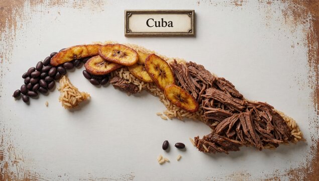 Flat lay cuban food dish arranged shape palm tree word cuba written cursive font top made brown rice sliced ba