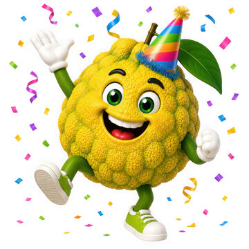 Cute cartoon pineapple character dancing with confetti and party decorations