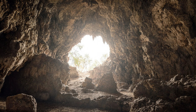 Sunlight illuminating rocky cave interior opening with sunlight underground formation exploration adventure outdoors landscape mountain climbing environment limestone entrance