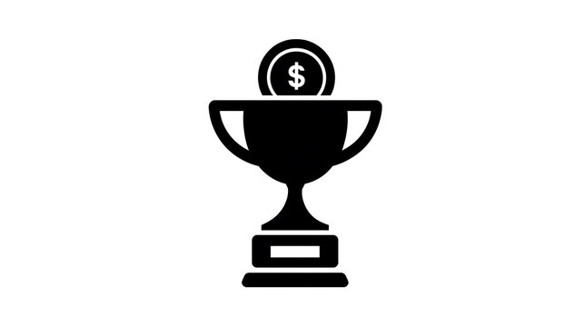 A black and white illustration of a trophy with a coin inside
