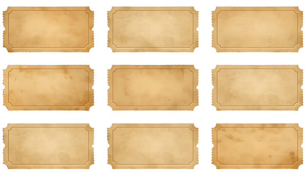 Vintage blank paper tickets set featuring aged texture rectangular frames isolated against plain white background with distressed antique textures