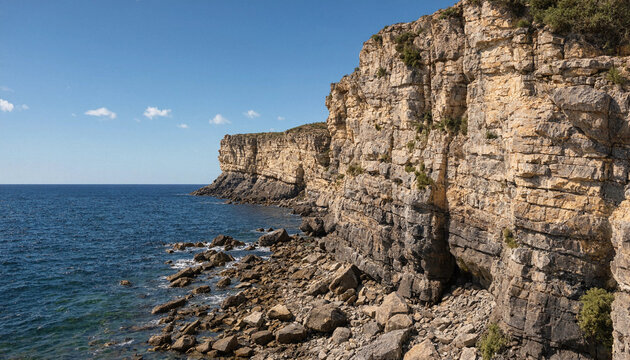 Rugged limestone sea cliffs overlooking deep blue mediterranean water with limestone coastline seascape mediterranean sedimentary formation landscape environment boulders summertime