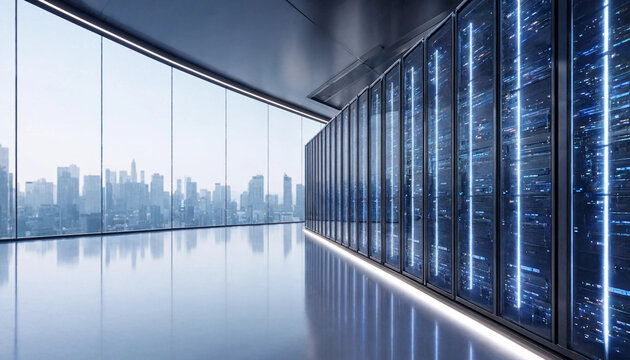 Data center server room corridor with glass walls overlooking modern city skyline and glass skyscrapers datacenter technology computing infrastructure building business architecture