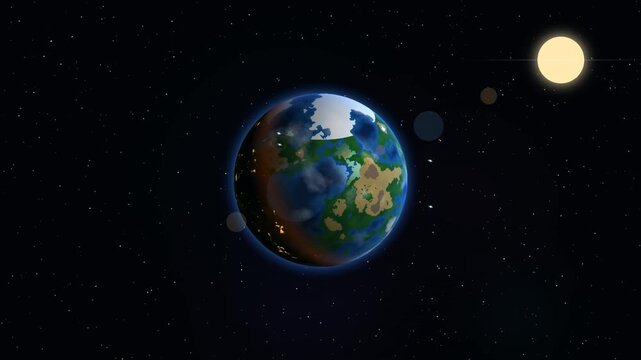 3D Animated Planet Earth Rotating in Deep Outer Space with Bright Sun and Starfield Background admin